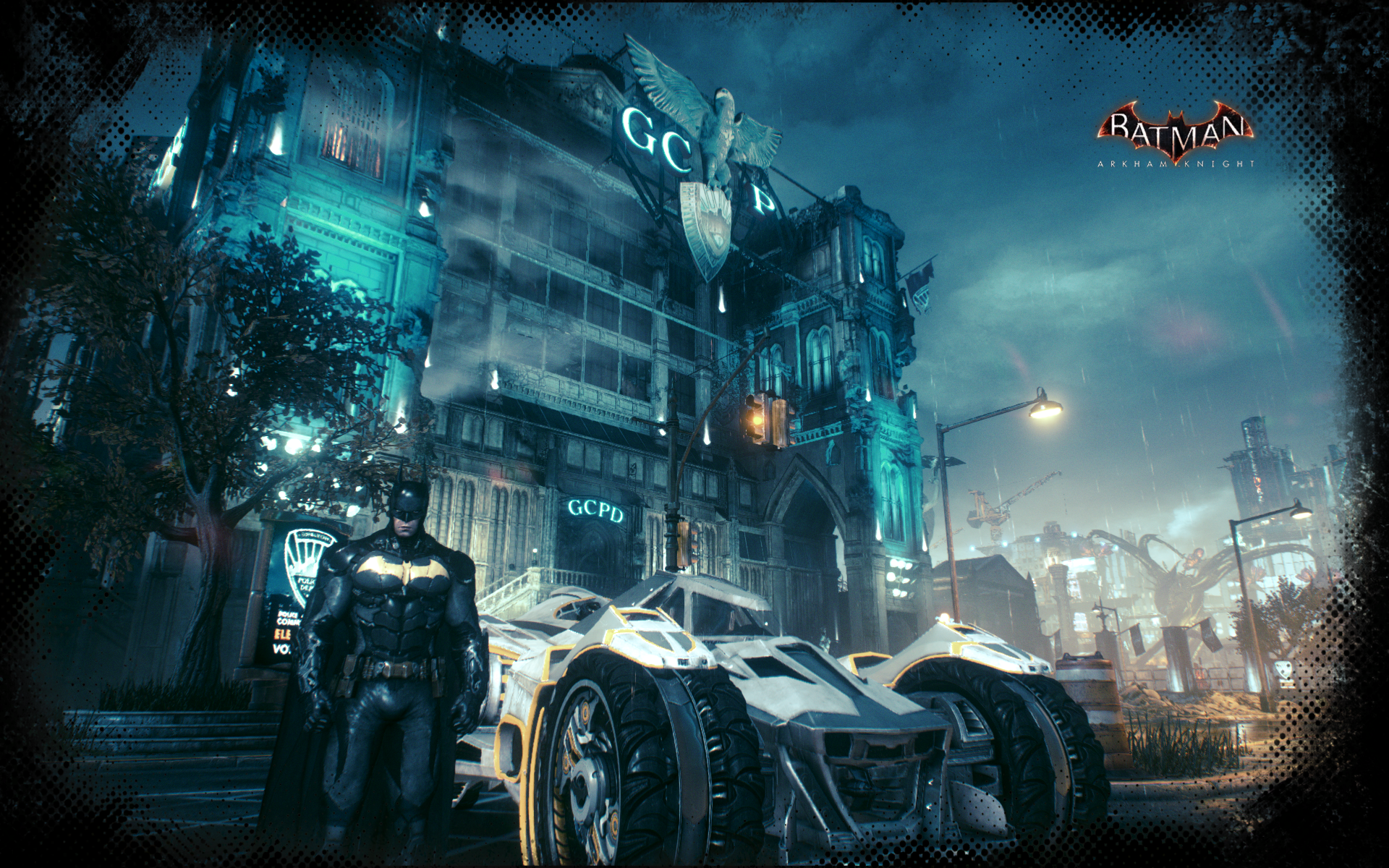 Batman and the Batmobile in front of GCPD